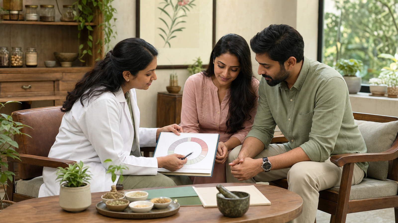Couple receiving natural fertility and reproductive wellness guidance