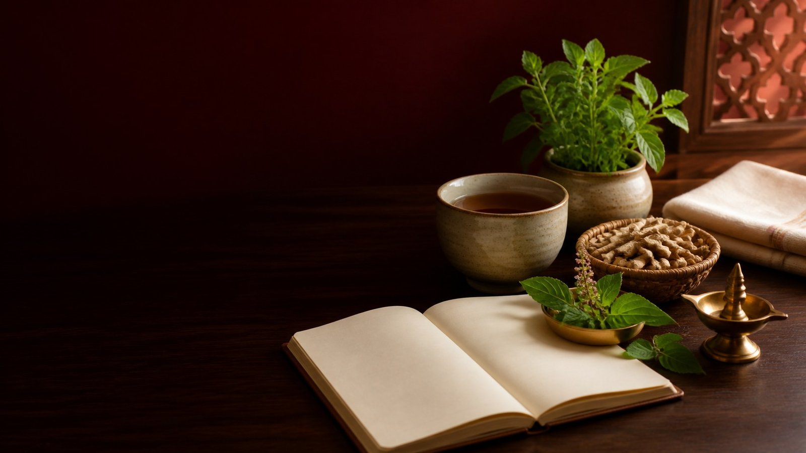 Herbal tea, blank journal and Ayurvedic herbs for balanced daily living