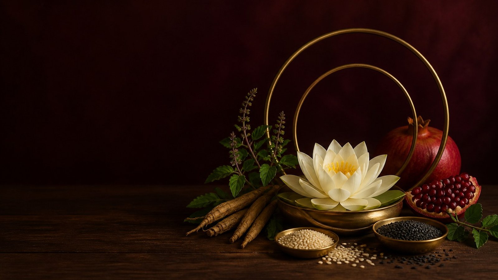 Lotus, pomegranate and Ayurvedic herbs representing ovulation wellness
